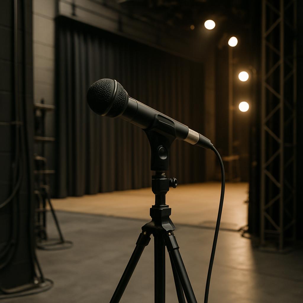 A black microphone on a stand inside a dimly lit room with stage lighting and curtains.