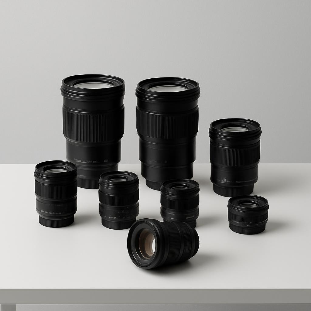 The image depicts a collection of black camera lenses arranged on a white surface, with a light gray wall serving as the b...